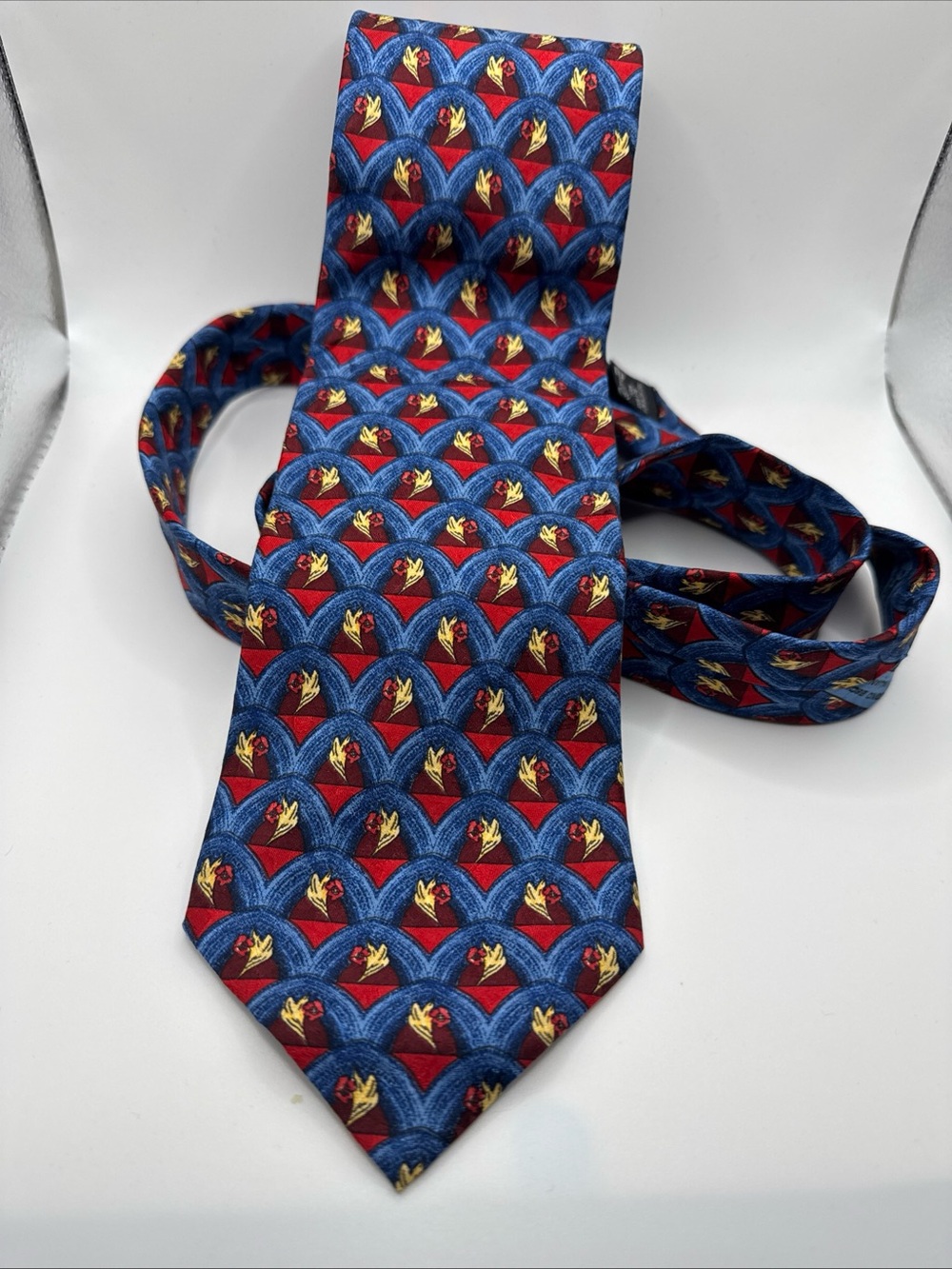 Karina Grimaldi Blue and Red Patterned Silk Tie with Yellow Motifs